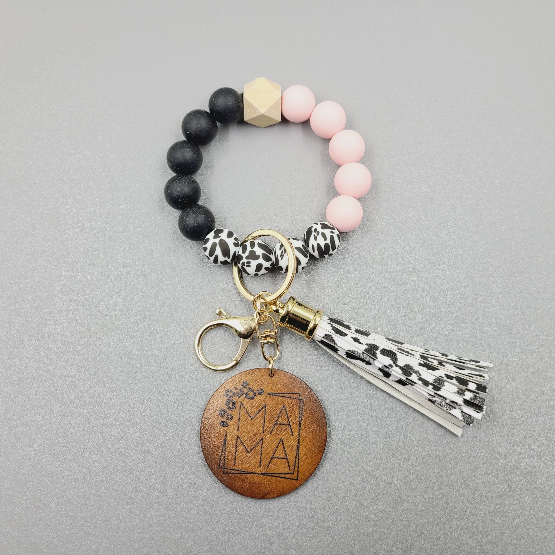 Wholesale 5pcs/pack MAMA Wooden Brand Cow Pattern Silicone Beaded Wrist Keychain
